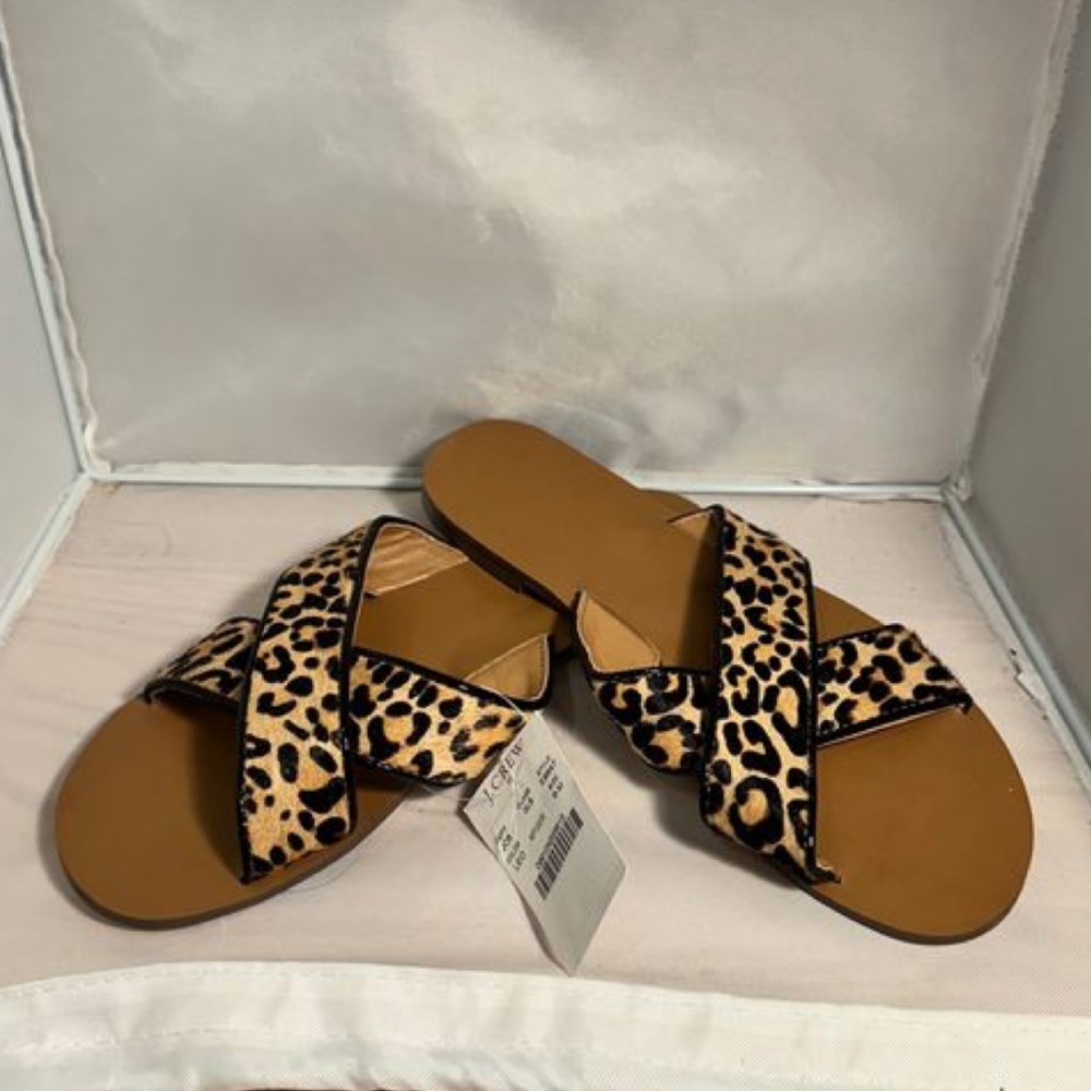 NWT J Crew cross-strap leopard calf hair sandals slides size 6